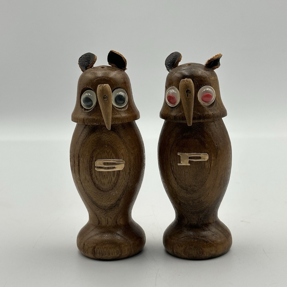 Vtg Wooden Owl Salt And Pepper Shakers MCM Leather Ears Googly eyes Japan